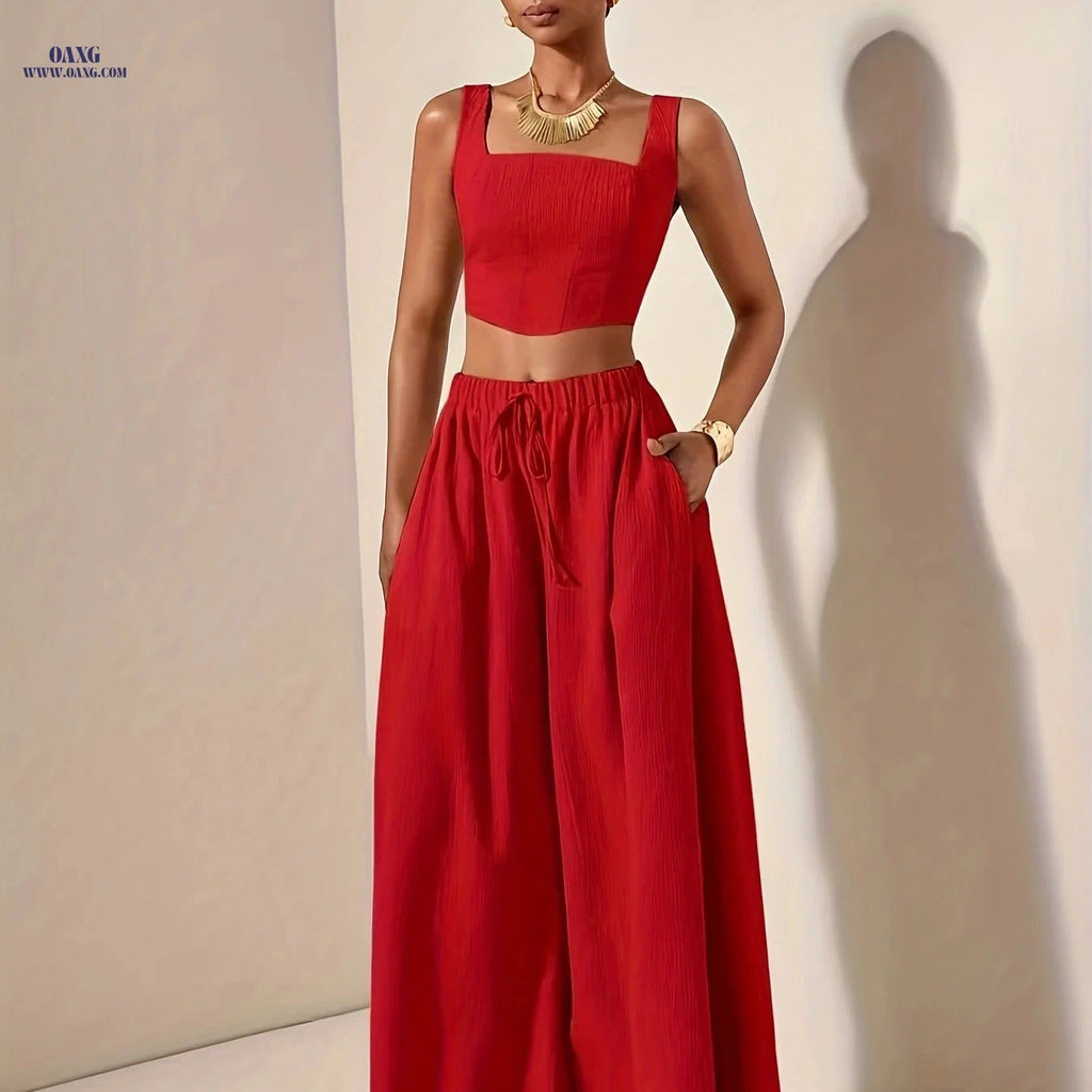 Elegant Spring/Summer Fishbone Cami Top & Wide-Leg Pants Set   OAXG Red / M