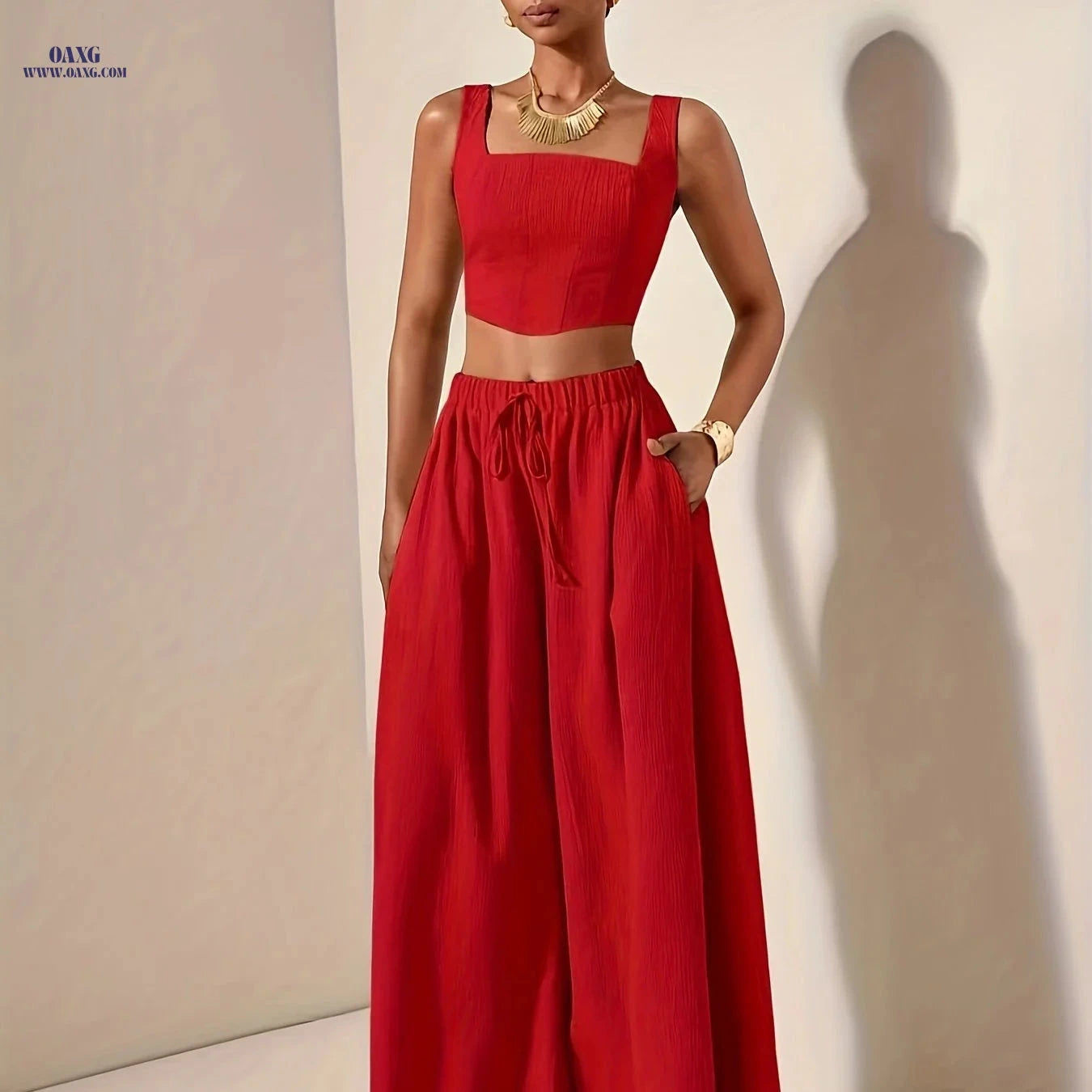 Elegant Spring/Summer Fishbone Cami Top & Wide-Leg Pants Set   OAXG Red / M