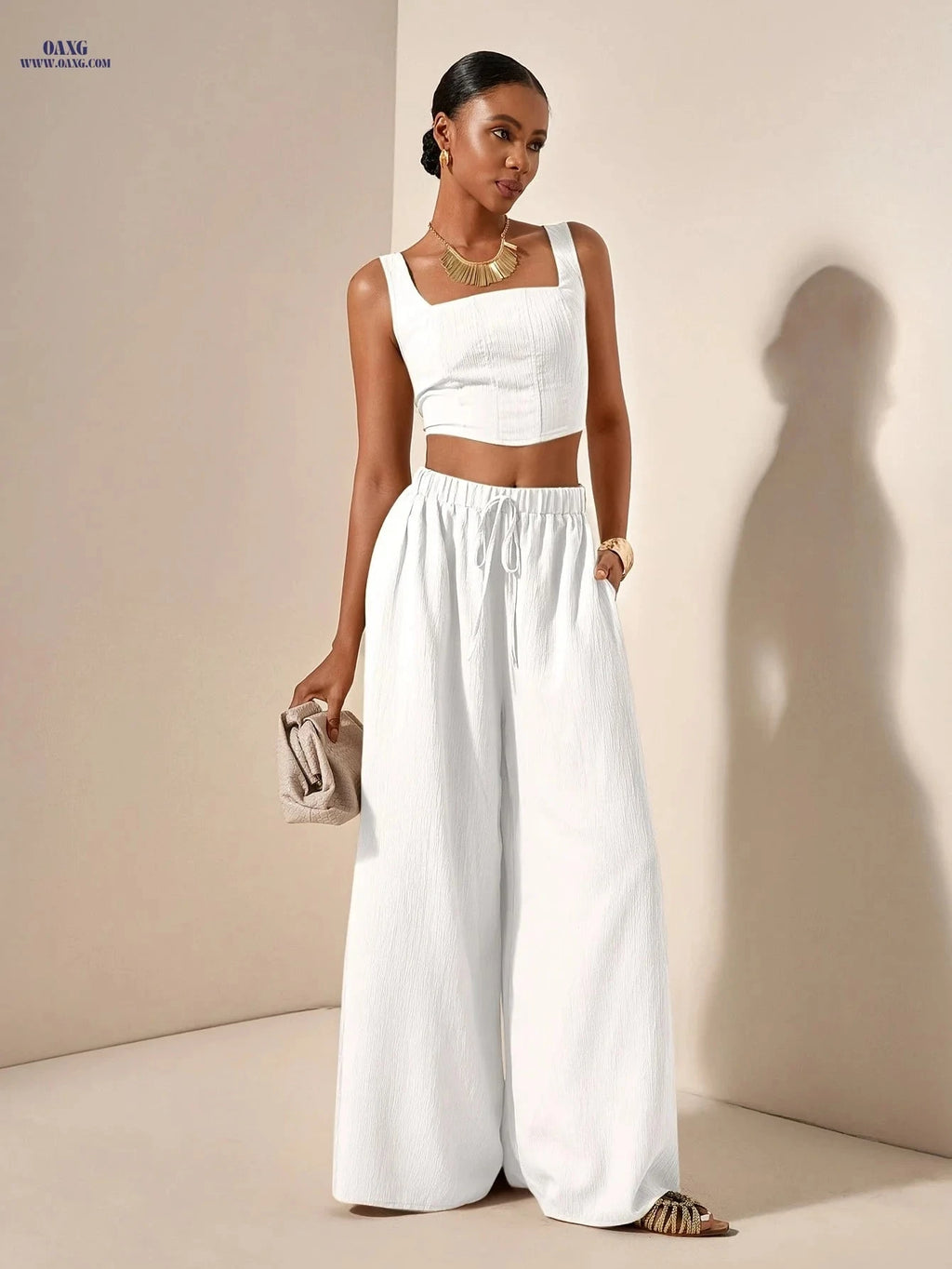 Elegant Spring/Summer Fishbone Cami Top & Wide-Leg Pants Set   OAXG Red / M