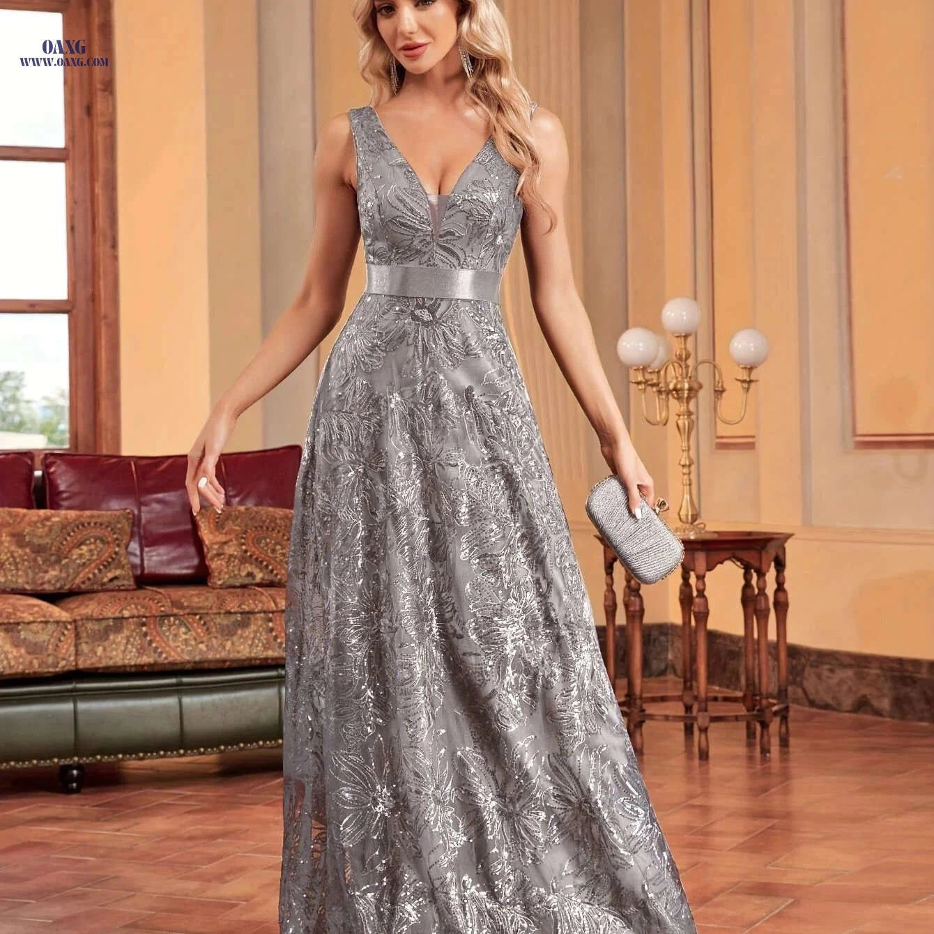Elegant Spring/Summer Sequin Dress - Slim-Fit V-Neck Evening Gown   OAXG 