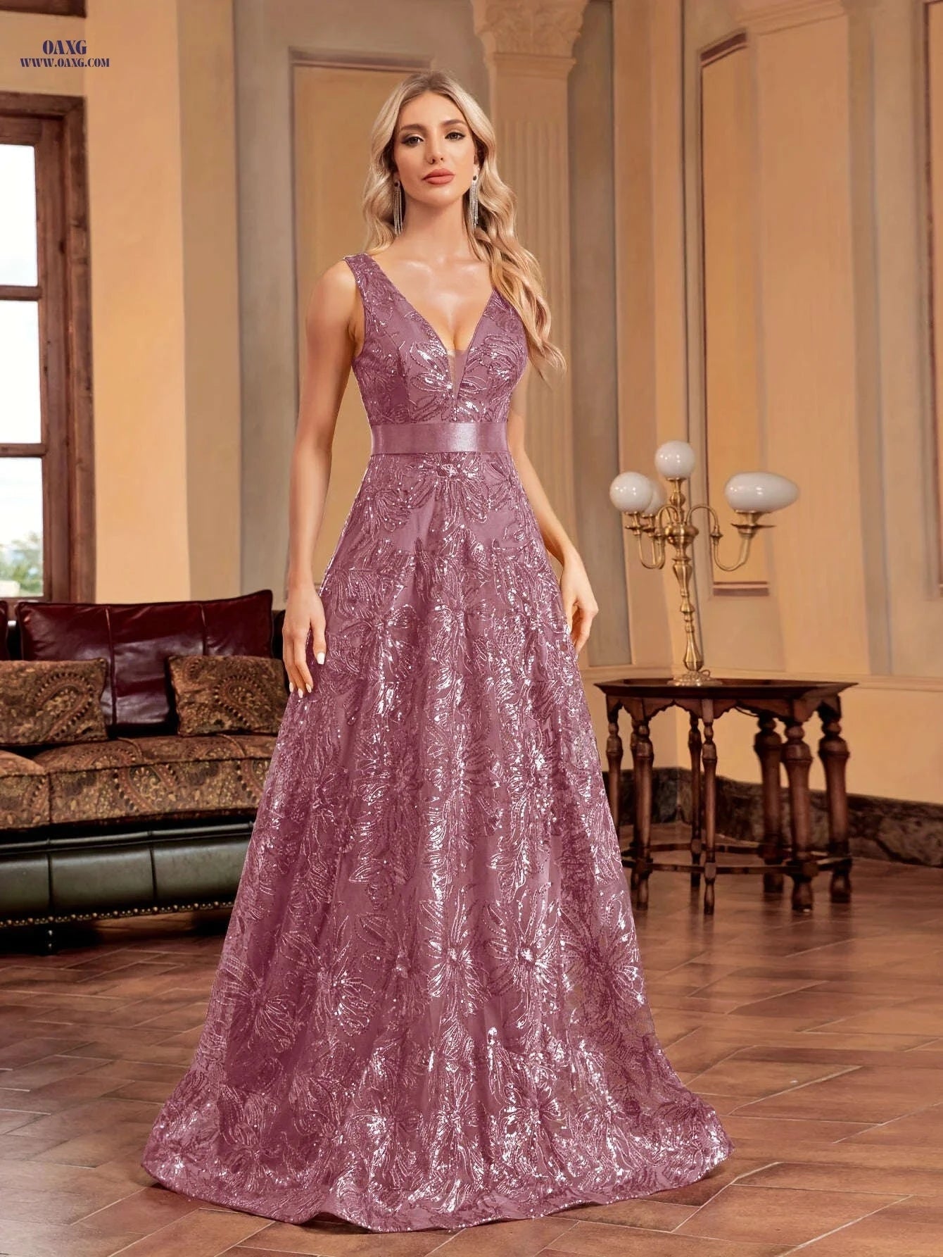 Elegant Spring/Summer Sequin Dress - Slim-Fit V-Neck Evening Gown   OAXG 