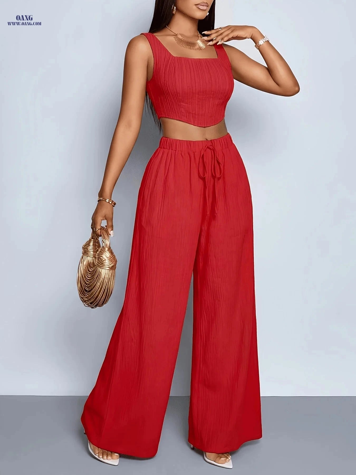 Elegant Spring/Summer Two-Piece Set - Top & Wide-Leg Pants   OAXG Red / S