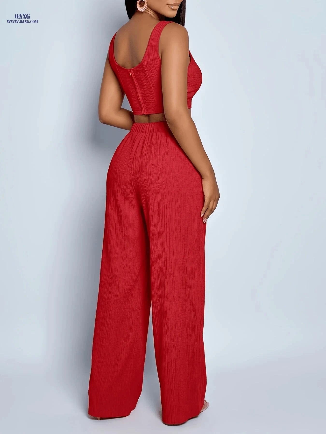 Elegant Spring/Summer Two-Piece Set - Top & Wide-Leg Pants   OAXG Red / S