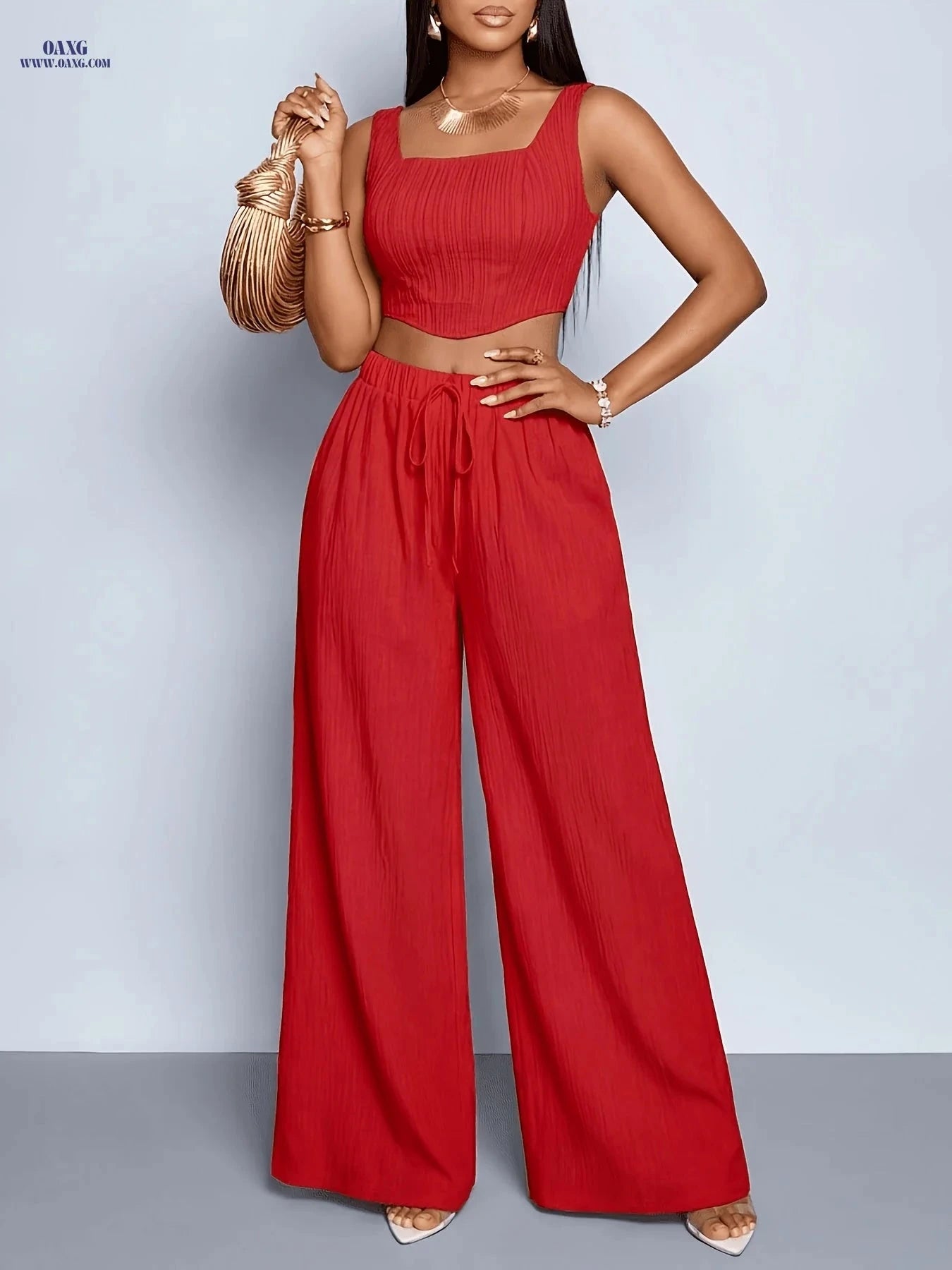 Elegant Spring/Summer Two-Piece Set - Top & Wide-Leg Pants   OAXG Red / S