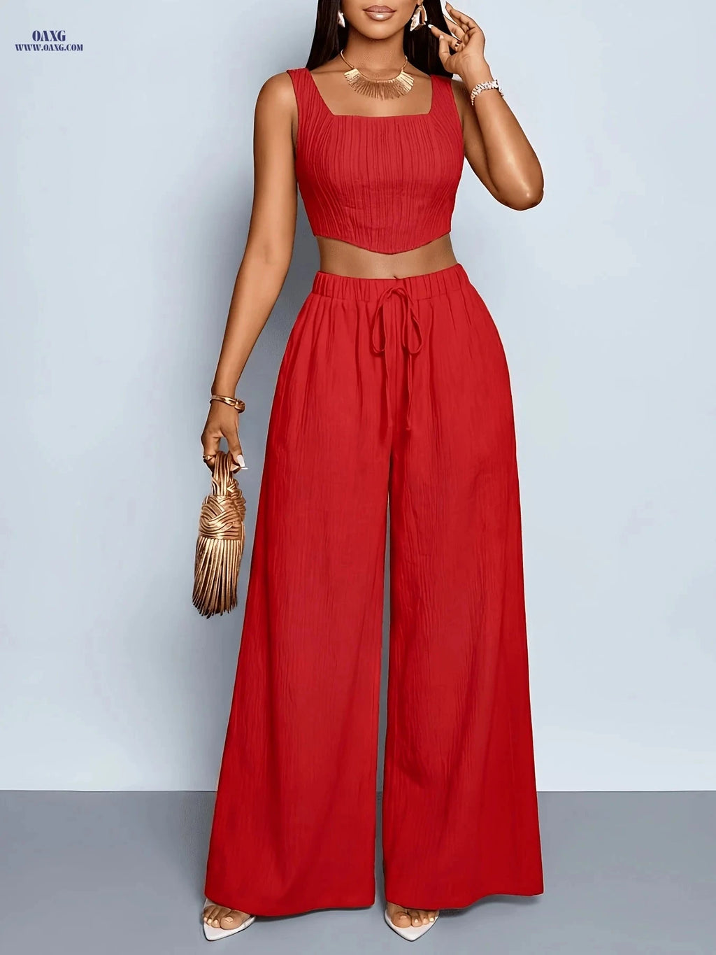 Elegant Spring/Summer Two-Piece Set - Top & Wide-Leg Pants   OAXG Red / S