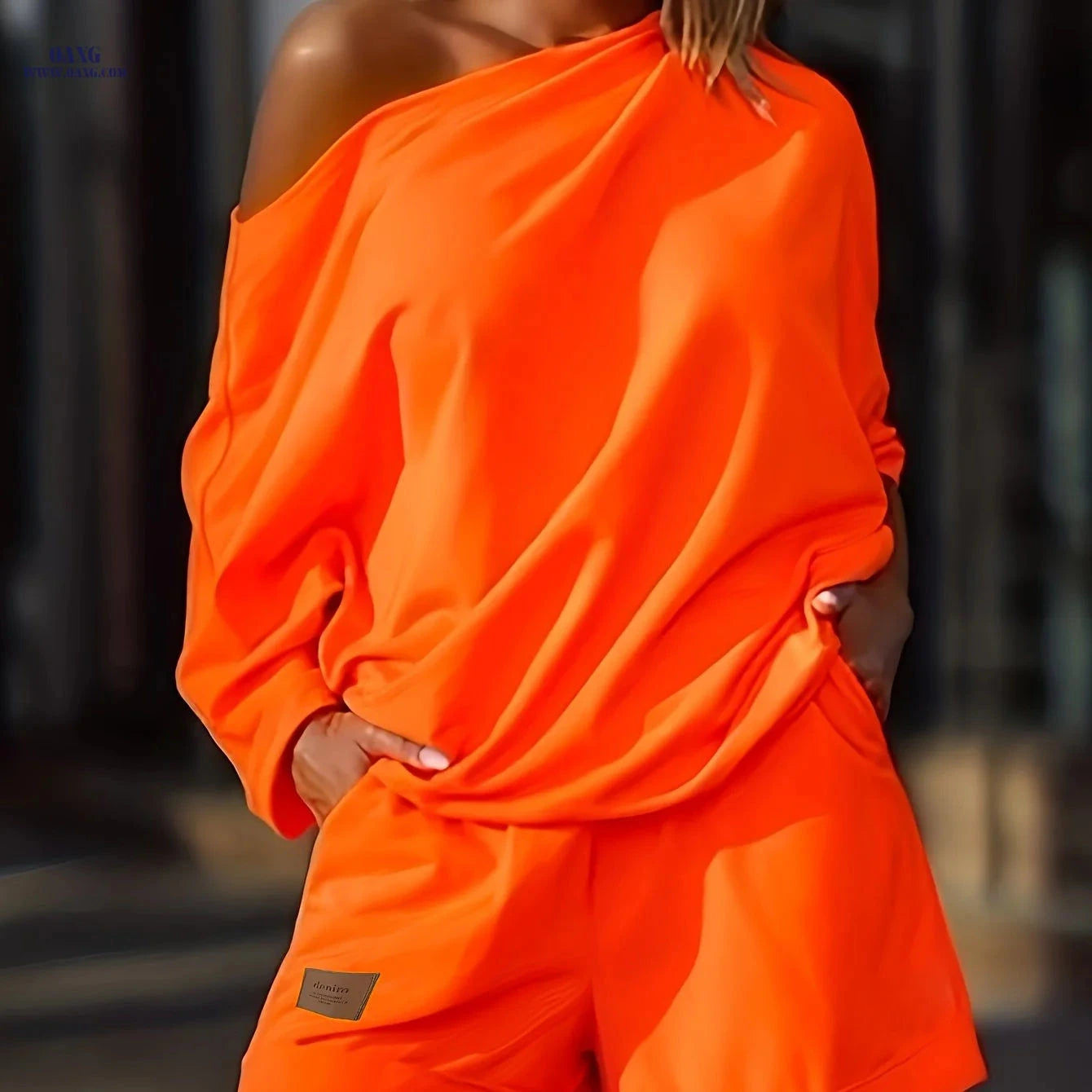 Elegant Square Neck Off-Shoulder Two-Piece Set - Loose Fit Style   OAXG Tangerine / S