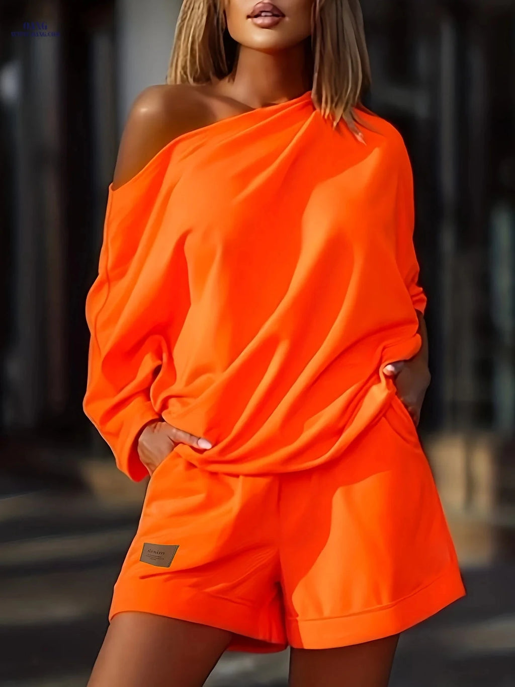 Elegant Square Neck Off-Shoulder Two-Piece Set - Loose Fit Style   OAXG Tangerine / S