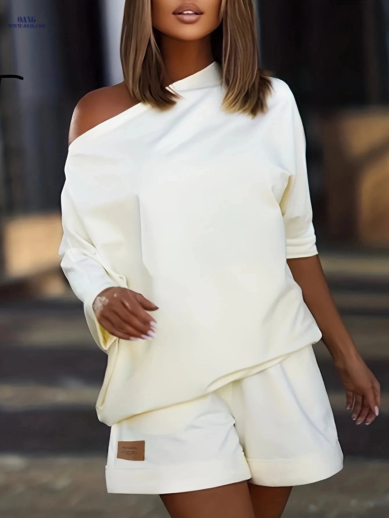 Elegant Square Neck Off-Shoulder Two-Piece Set - Loose Fit Style   OAXG Tangerine / S