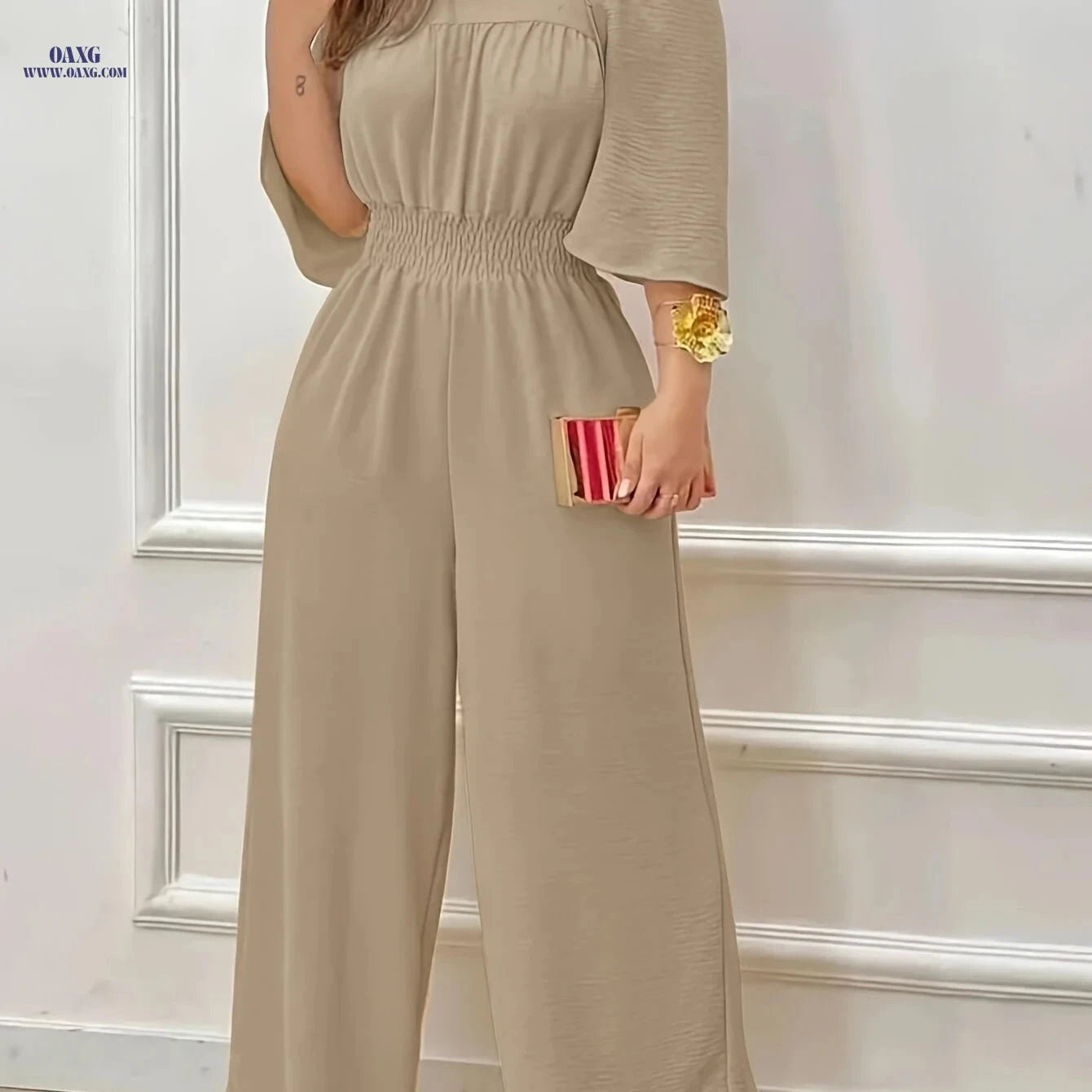 Elegant Square Neck Short Sleeve Wrap Dress Pants for Women   OAXG 