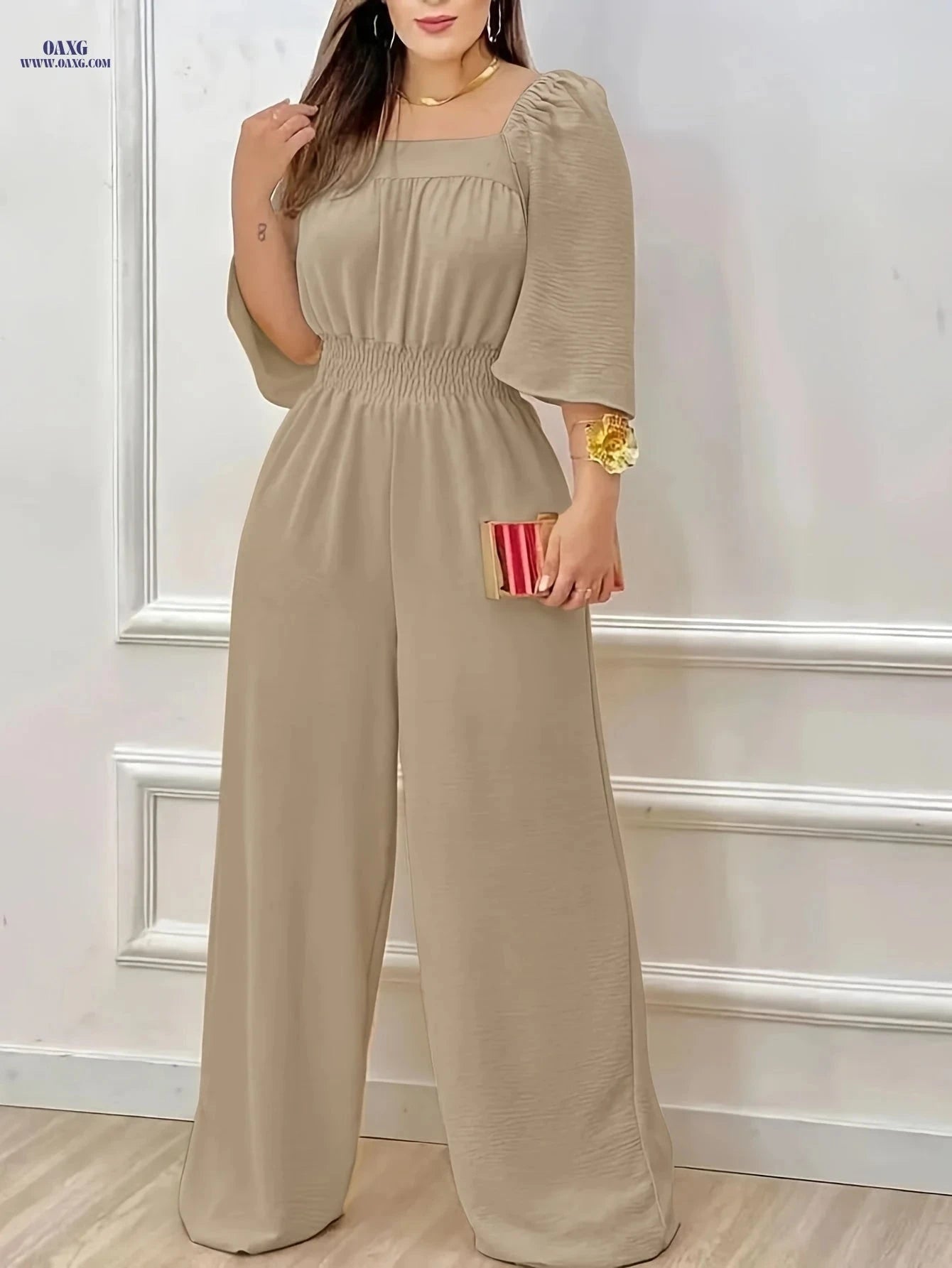 Elegant Square Neck Short Sleeve Wrap Dress Pants for Women   OAXG Beige / S