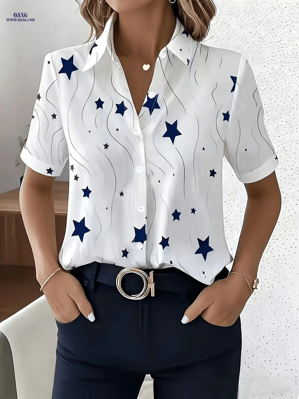 Elegant Star Print Short-Sleeved Blouse for Professional Women   OAXG Star Print / S