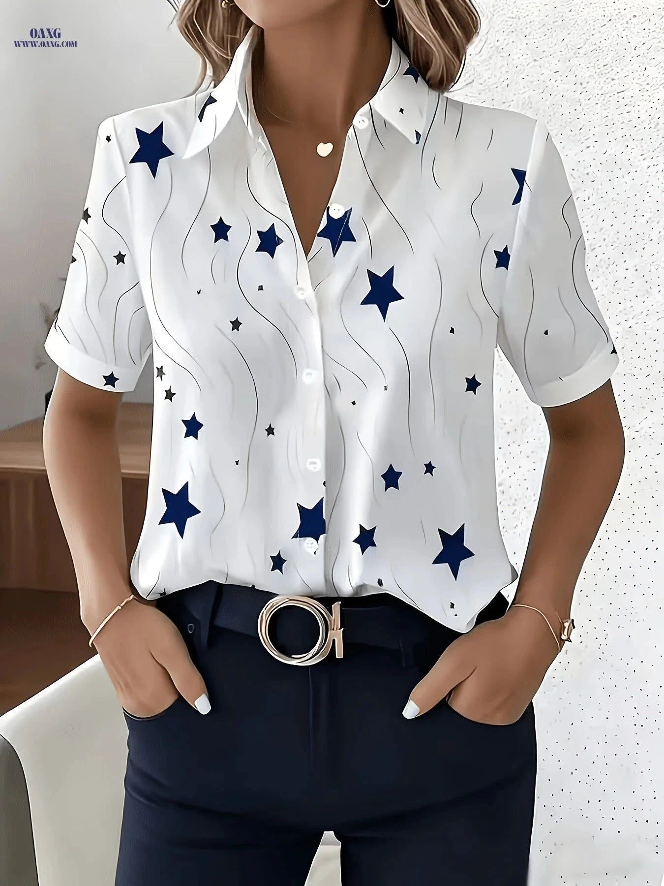 Elegant Star Print Short-Sleeved Blouse for Professional Women   OAXG Star Print / S