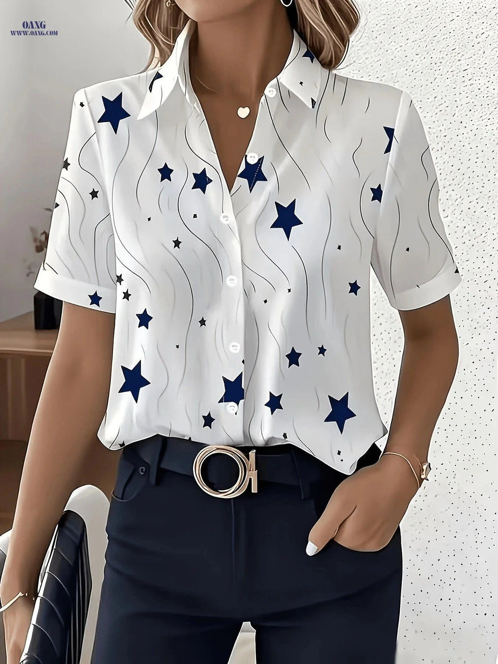 Elegant Star Print Short-Sleeved Blouse for Professional Women   OAXG Star Print / S