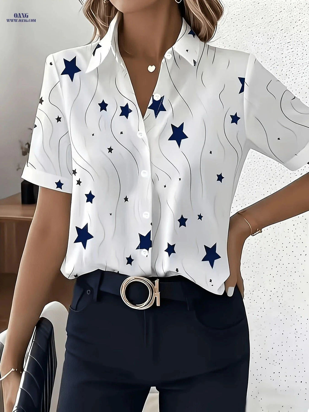 Elegant Star Print Short-Sleeved Blouse for Professional Women   OAXG Star Print / S