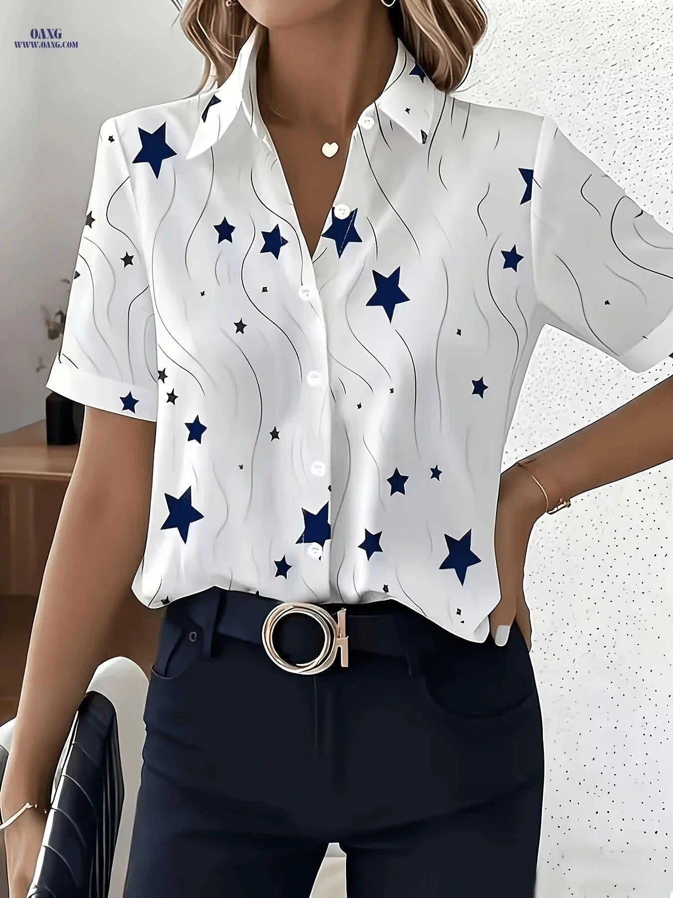 Elegant Star Print Short-Sleeved Blouse for Professional Women   OAXG Star Print / S