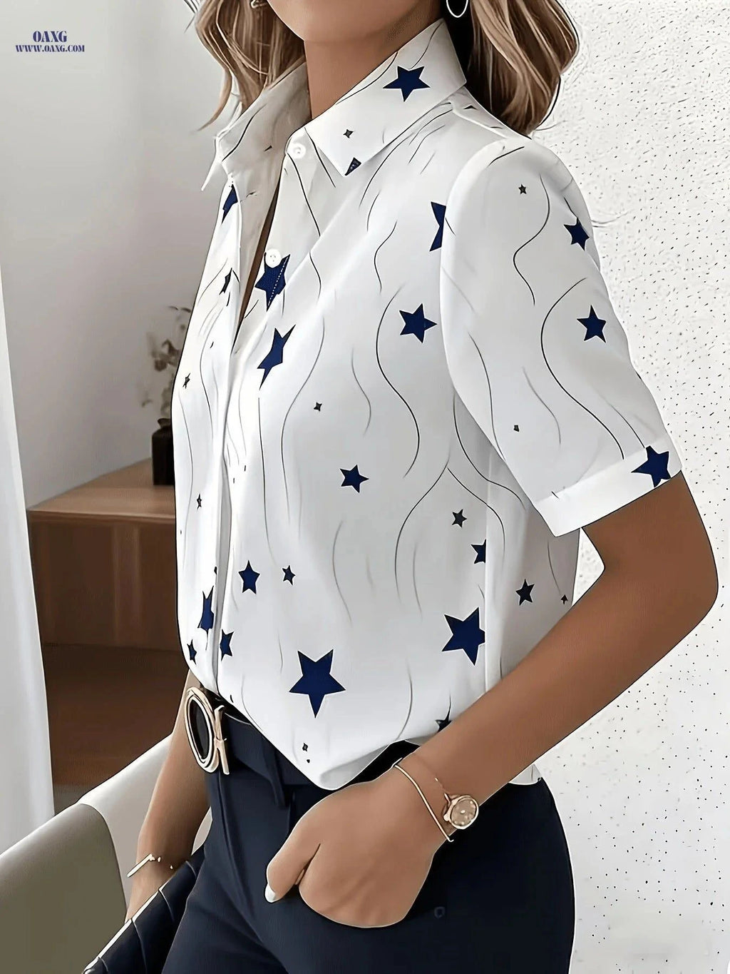 Elegant Star Print Short-Sleeved Blouse for Professional Women   OAXG Star Print / S