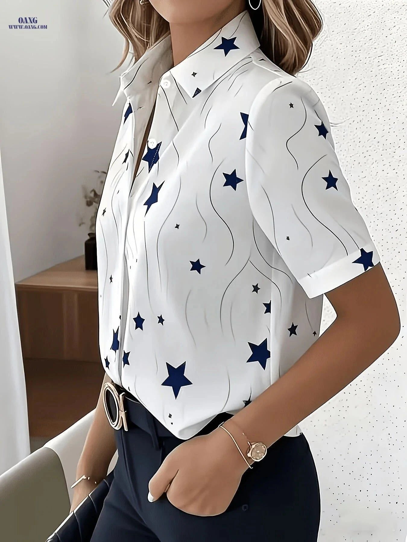 Elegant Star Print Short-Sleeved Blouse for Professional Women   OAXG Star Print / S