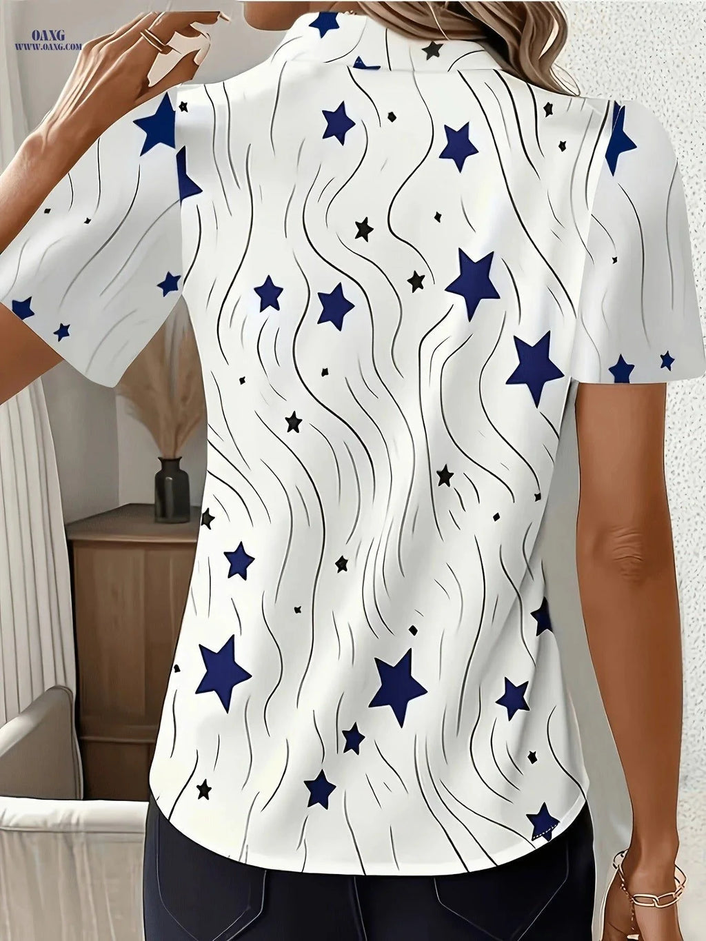 Elegant Star Print Short-Sleeved Blouse for Professional Women   OAXG Star Print / S