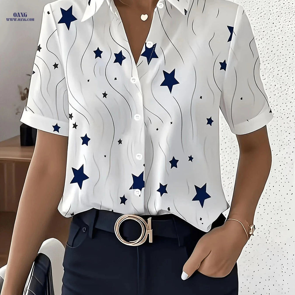 Elegant Star Print Short-Sleeved Blouse for Professional Women   OAXG Star Print / S