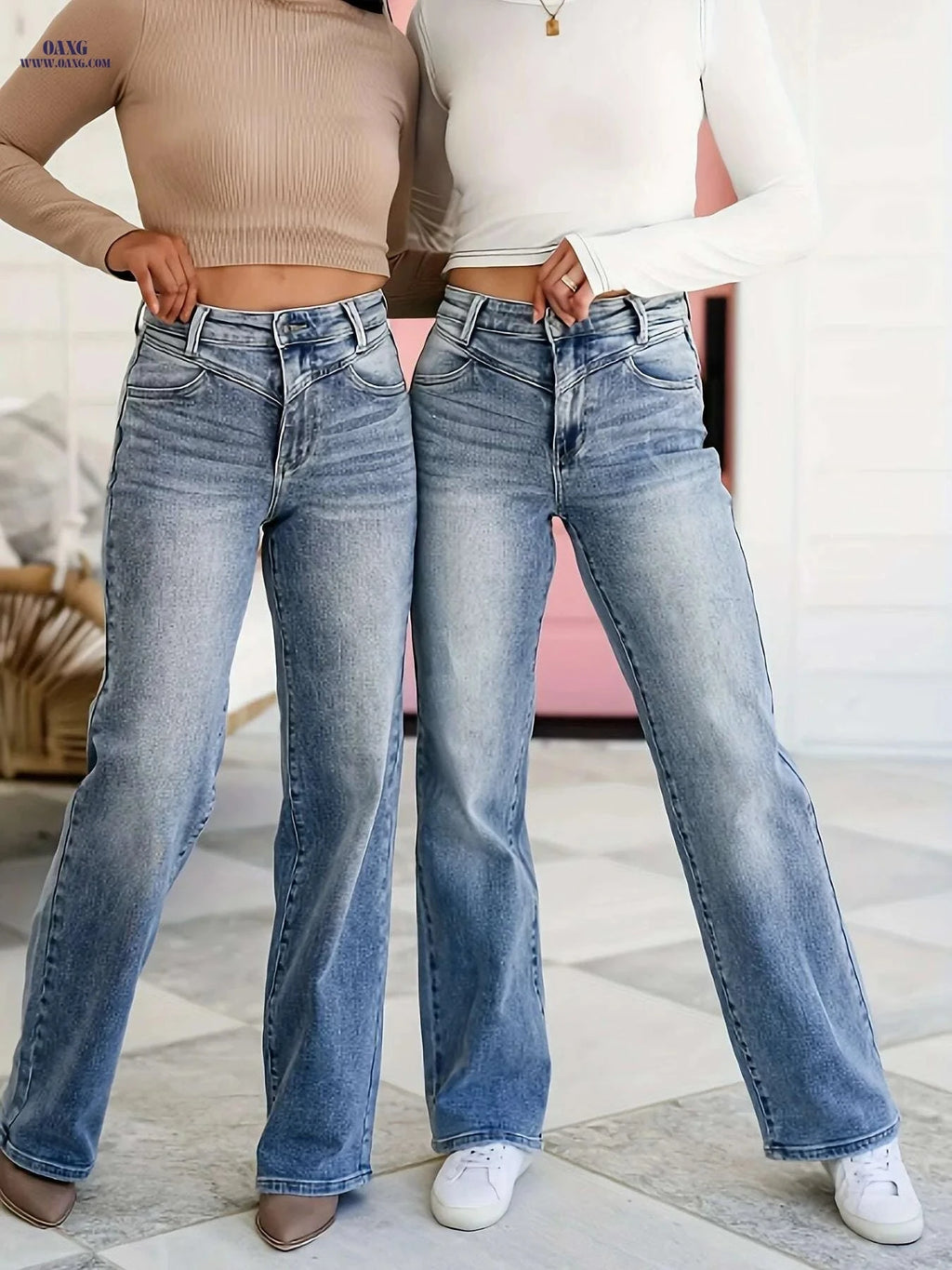 Elegant Straight-Leg Denim Jeans - High-Stretch Comfort & Ombre Hues   OAXG Blue / S