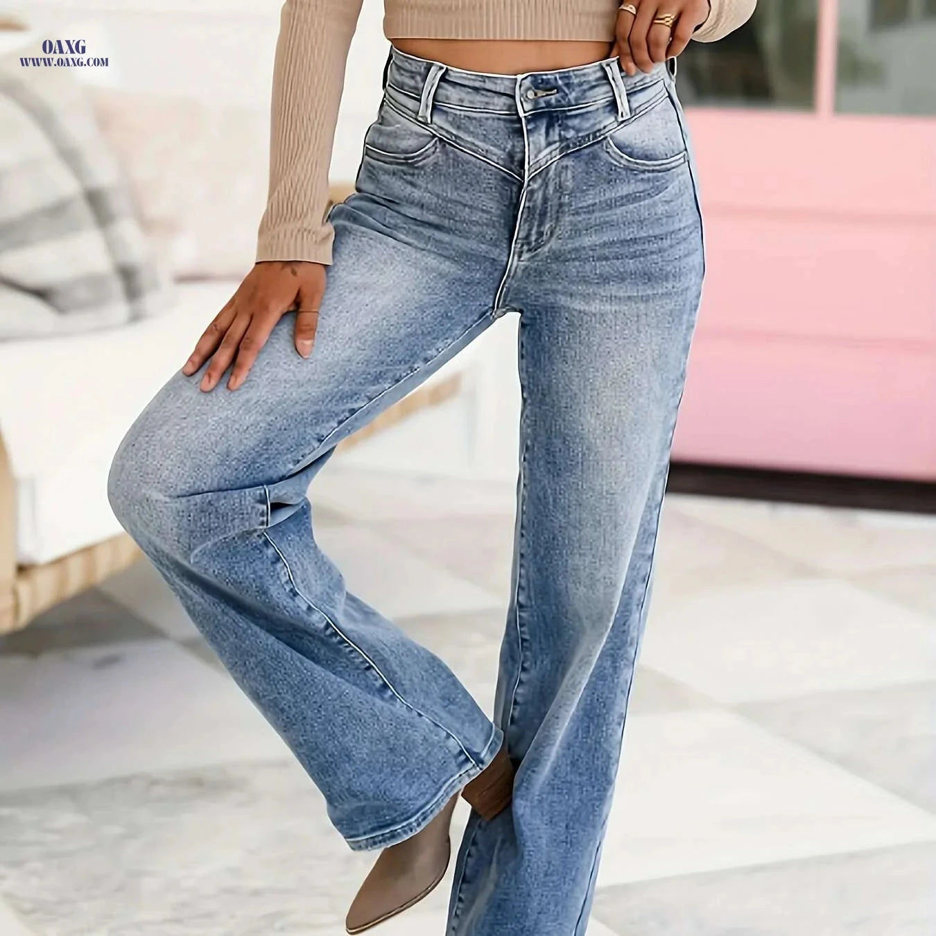Elegant Straight-Leg Denim Jeans - High-Stretch Comfort & Ombre Hues   OAXG Blue / S