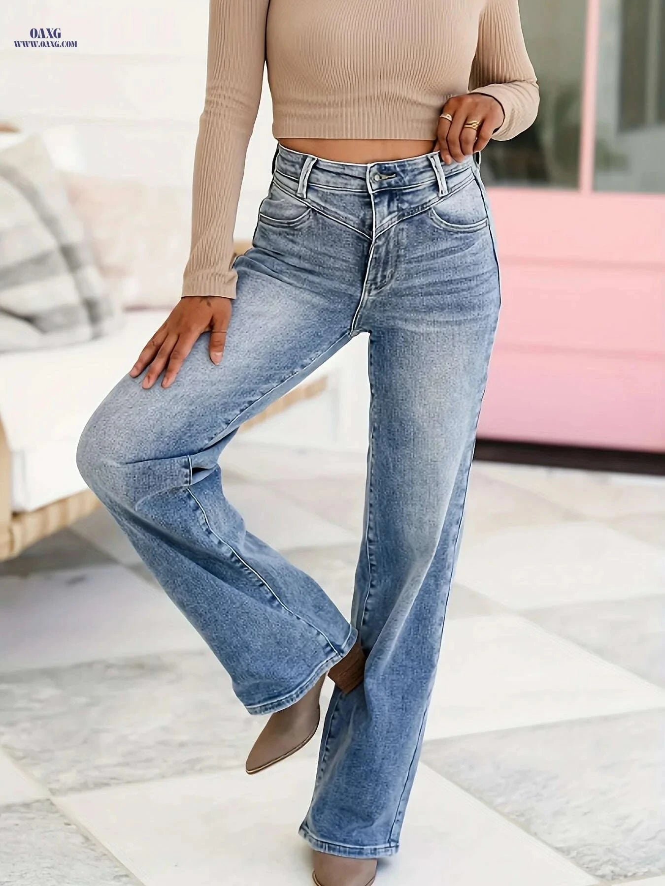 Elegant Straight-Leg Denim Jeans - High-Stretch Comfort & Ombre Hues   OAXG Blue / S