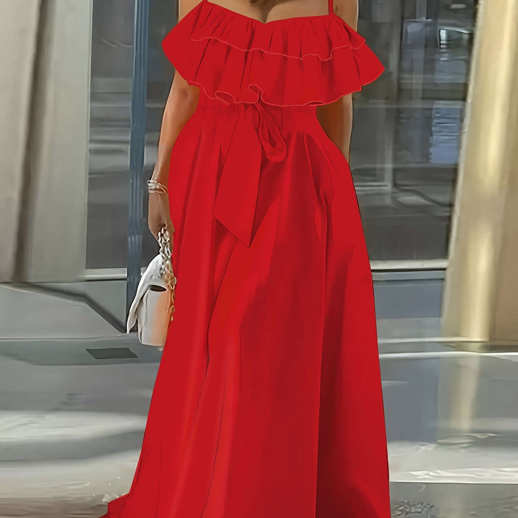 Elegant Strapless Ruffle Trim Long Dress for Women - Spring/Summer   OAXG 