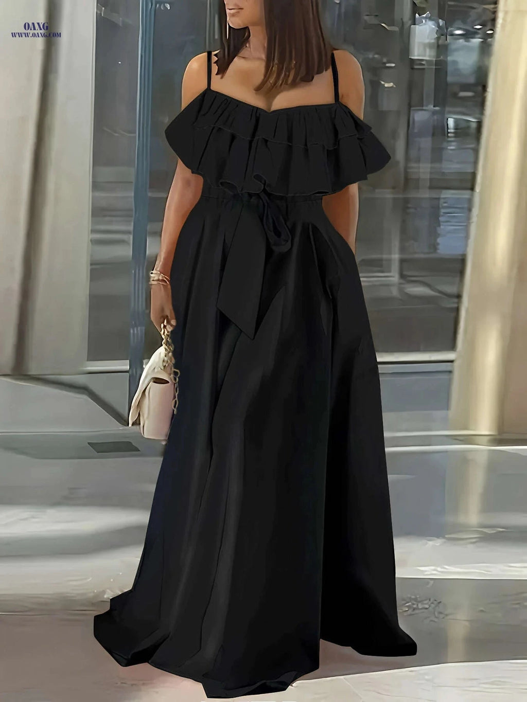 Elegant Strapless Ruffle Trim Long Dress for Women - Spring/Summer   OAXG 