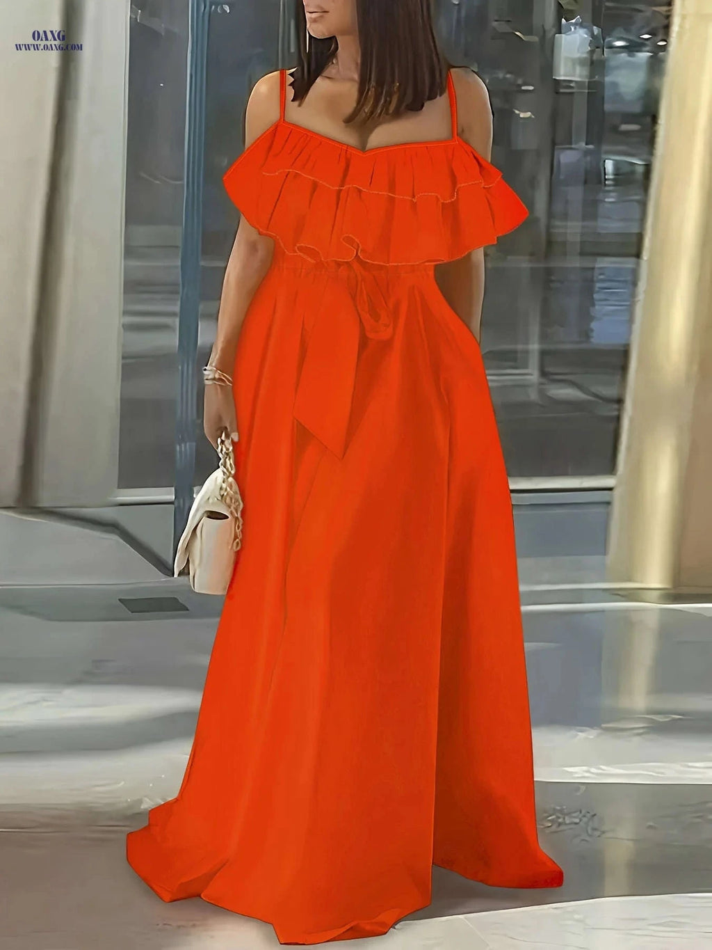 Elegant Strapless Ruffle Trim Long Dress for Women - Spring/Summer   OAXG 