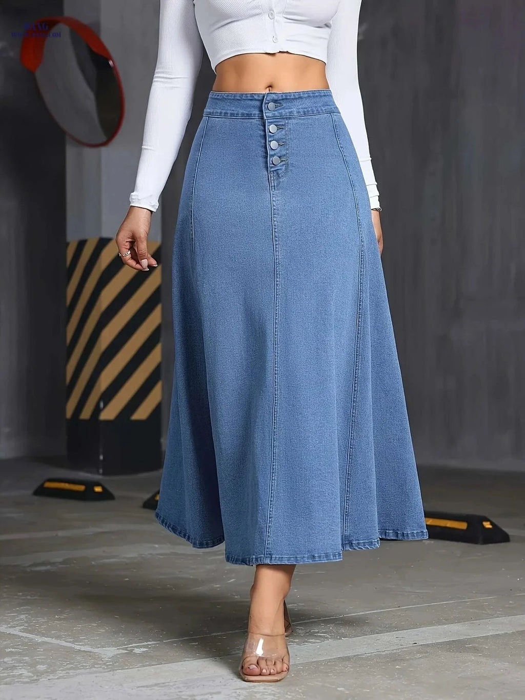Elegant Stretch Denim Skirt for Women - Summer Swing Style, Machine Washable   OAXG 