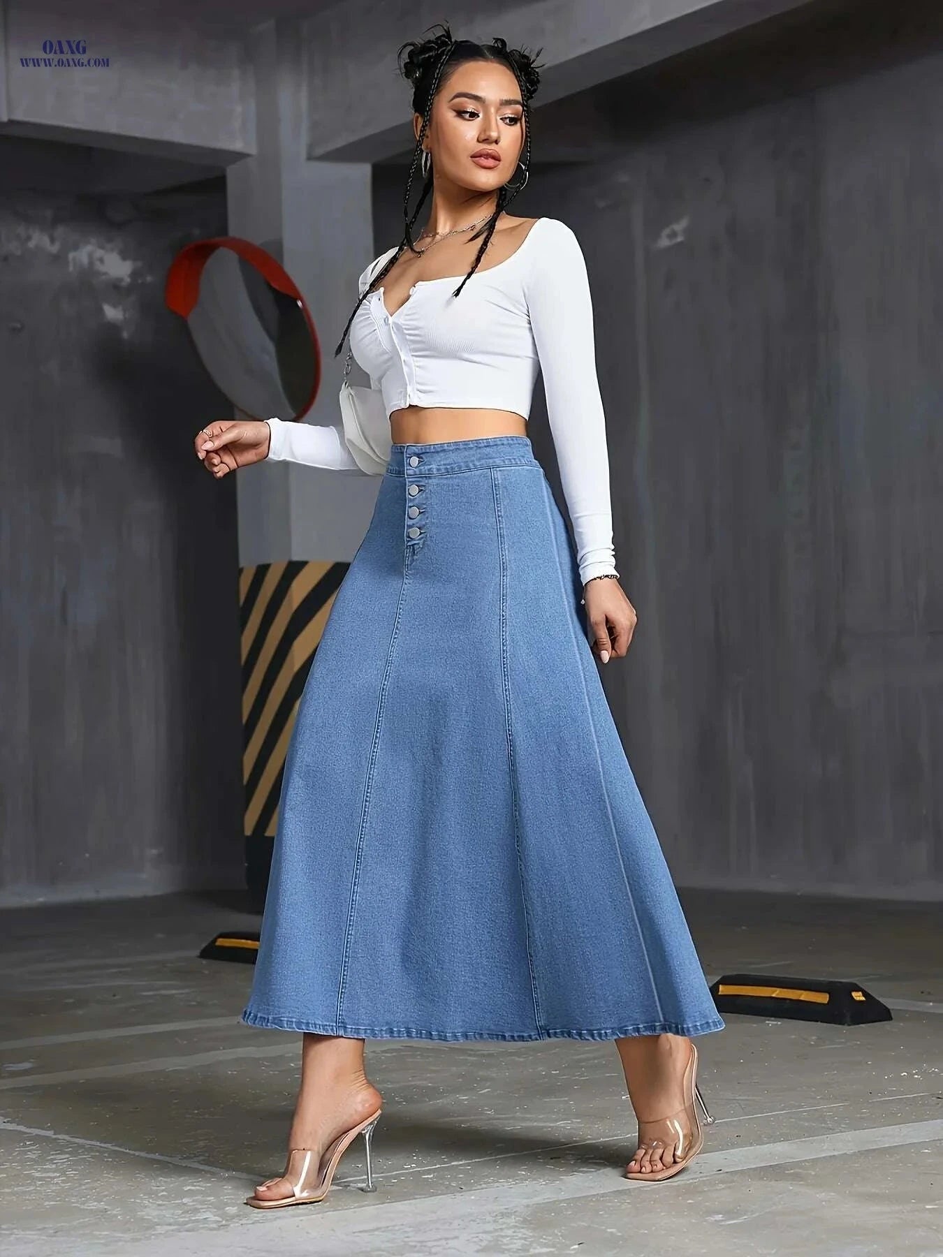 Elegant Stretch Denim Skirt for Women - Summer Swing Style, Machine Washable   OAXG Medium Blue / S