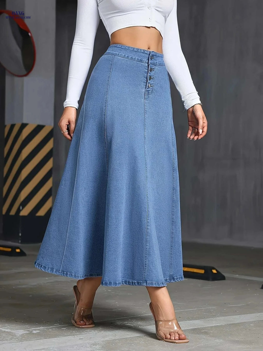 Elegant Stretch Denim Skirt for Women - Summer Swing Style, Machine Washable   OAXG Medium Blue / S