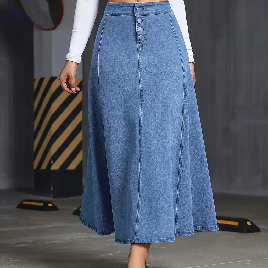 Elegant Stretch Denim Skirt for Women - Summer Swing Style, Machine Washable   OAXG Medium Blue / S