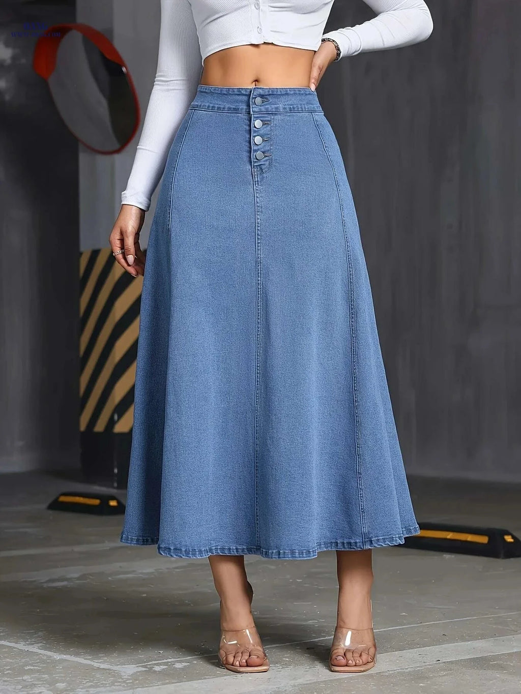 Elegant Stretch Denim Skirt for Women - Summer Swing Style, Machine Washable   OAXG Medium Blue / S