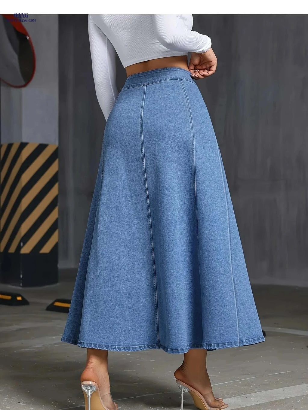 Elegant Stretch Denim Skirt for Women - Summer Swing Style, Machine Washable   OAXG Medium Blue / S
