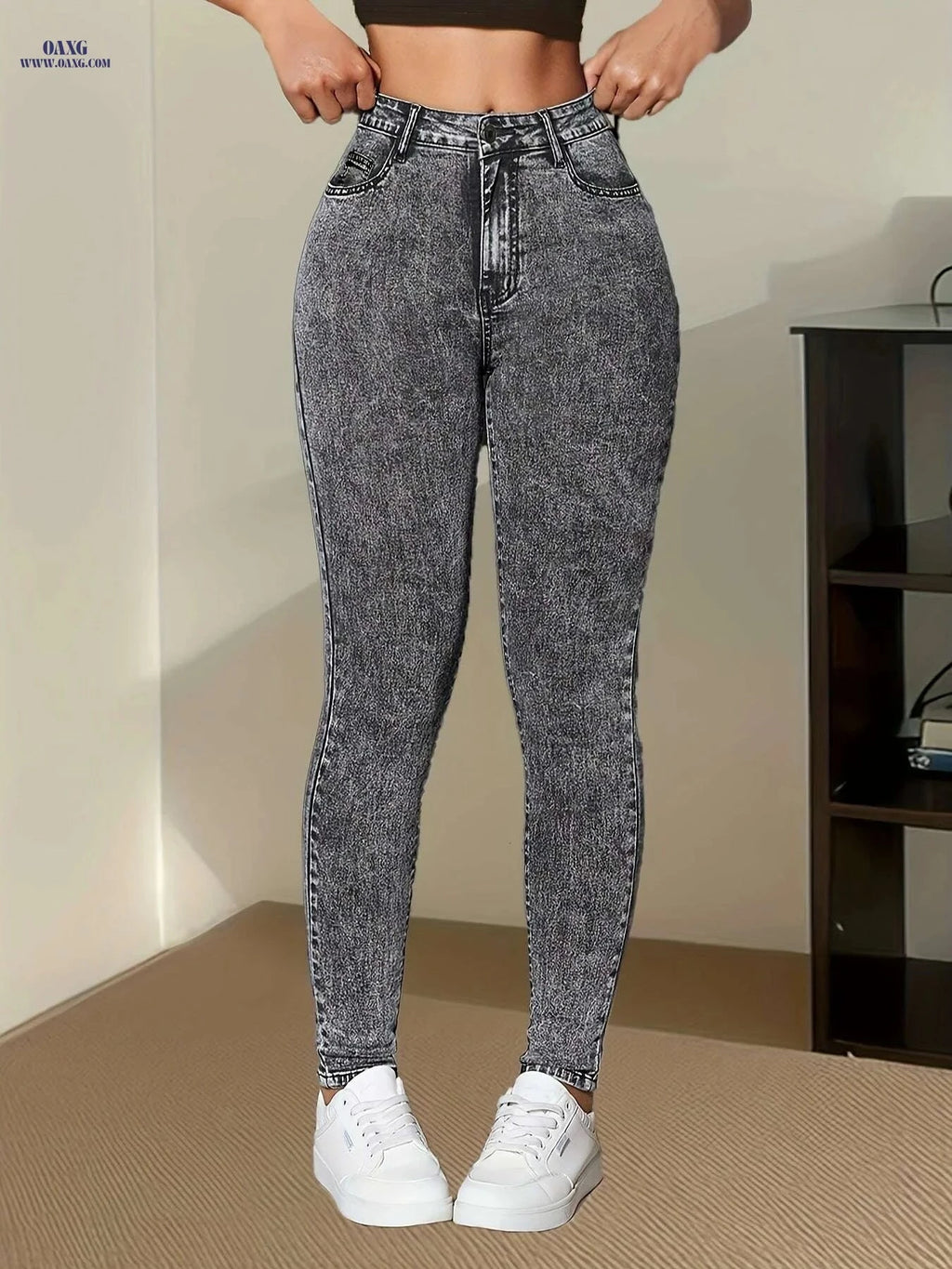 Elegant Stretch Skinny Jeans for Women - Solid Color, Long Length   OAXG Grey / XS