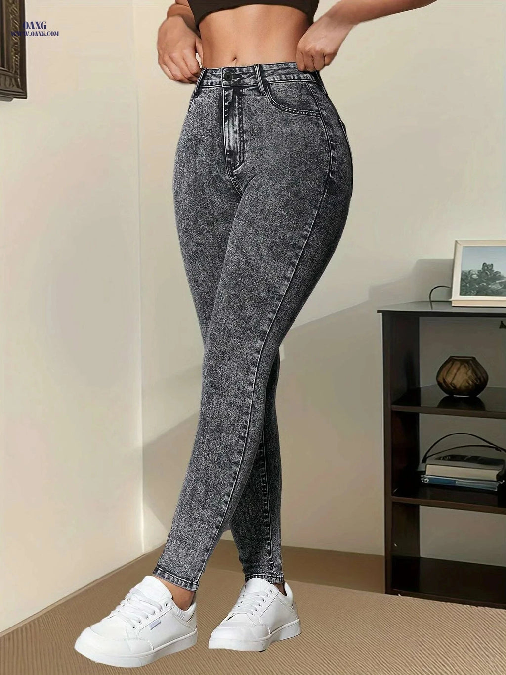 Elegant Stretch Skinny Jeans for Women - Solid Color, Long Length   OAXG Grey / XS