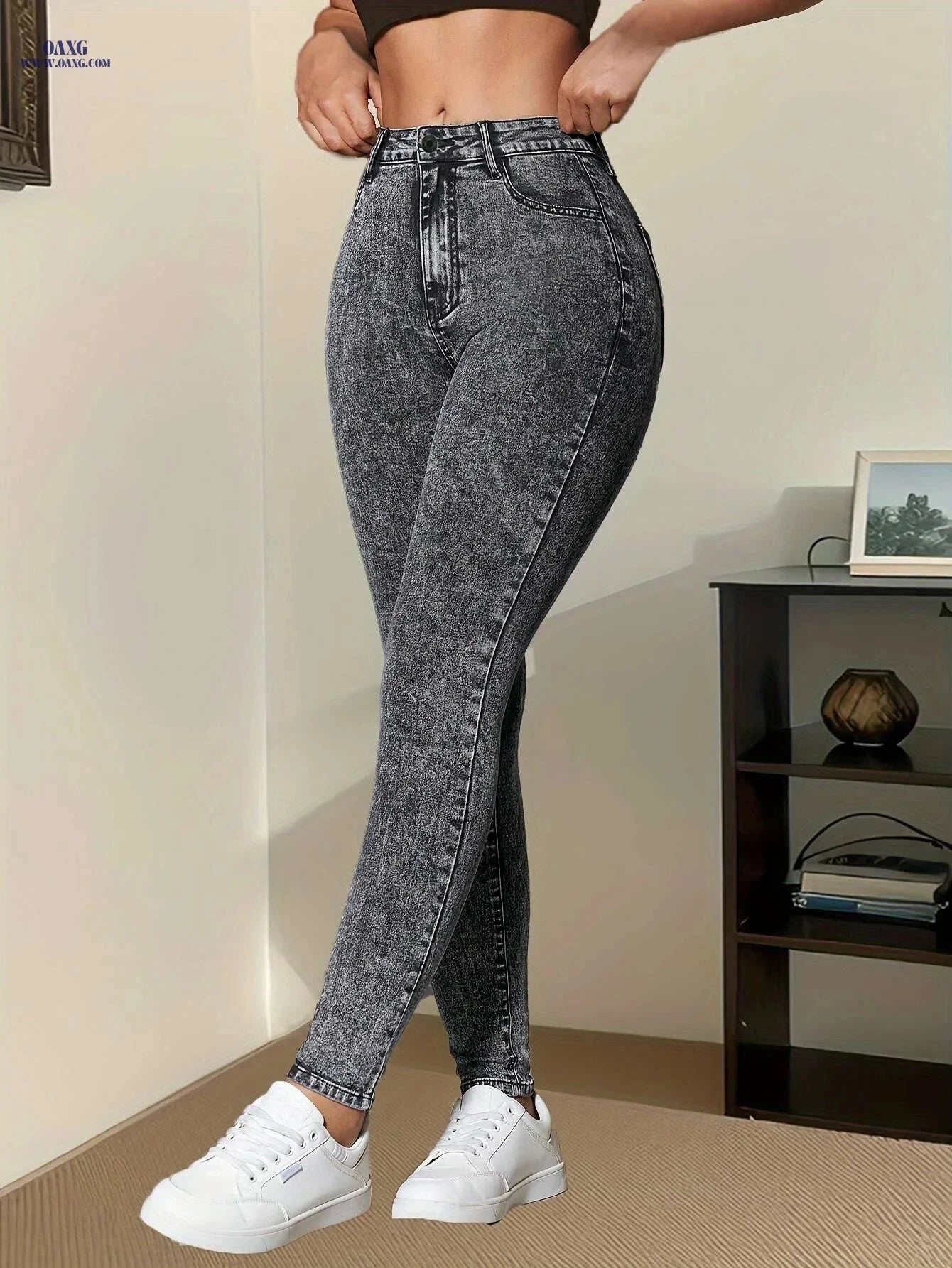 Elegant Stretch Skinny Jeans for Women - Solid Color, Long Length   OAXG Grey / XS