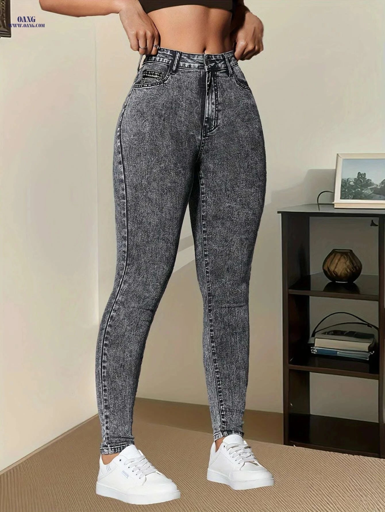 Elegant Stretch Skinny Jeans for Women - Solid Color, Long Length   OAXG Grey / XS