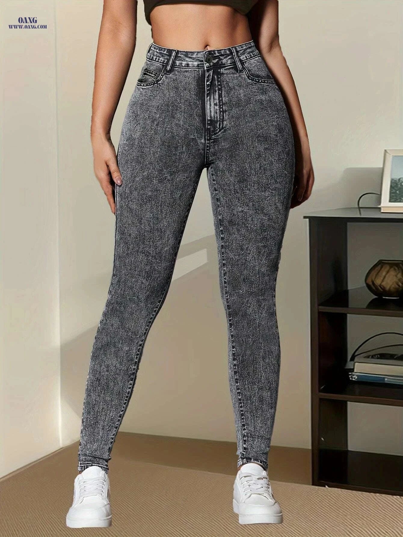 Elegant Stretch Skinny Jeans for Women - Solid Color, Long Length   OAXG Grey / XS