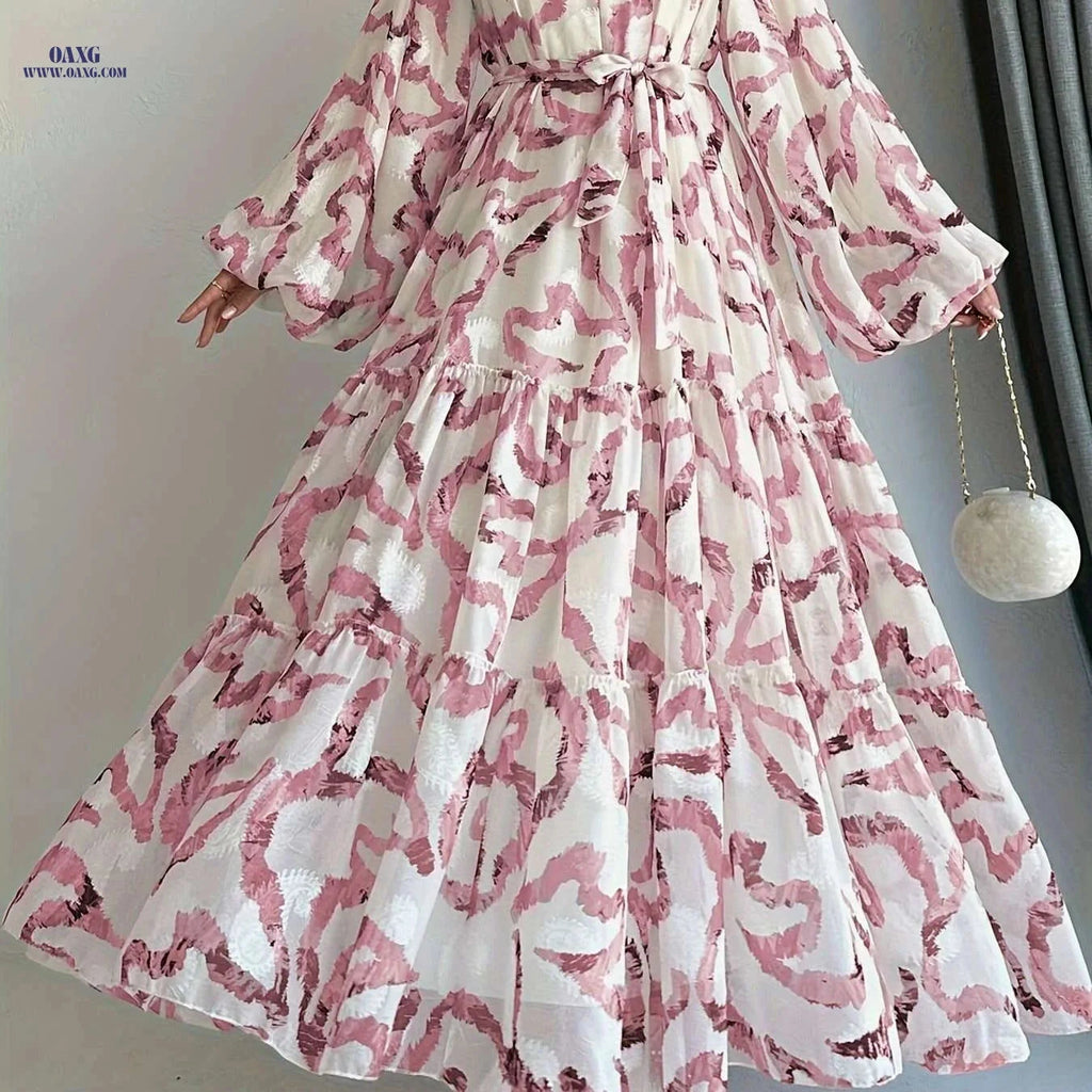 Elegant Striped Crew Neck Abaya Dress - Maxi Length for Modest Fashion   OAXG Pink Color / S