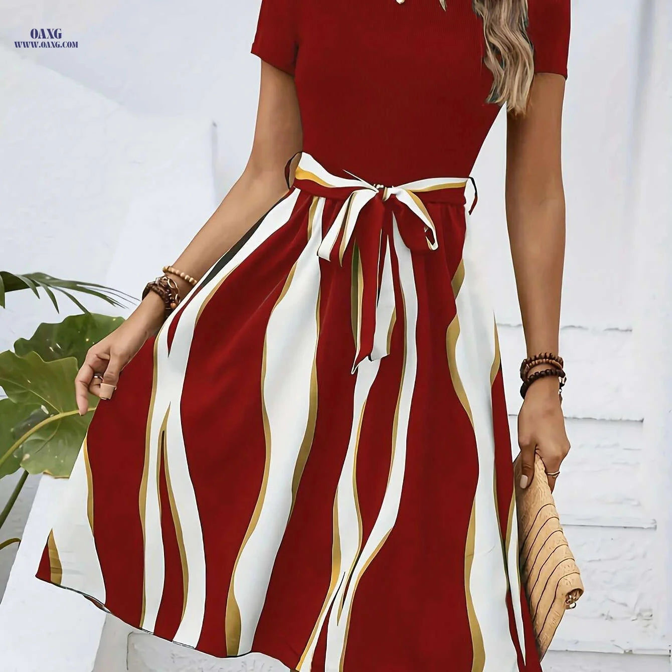 Elegant Striped Crew Neck Dress - Short Sleeve A-line for Women   OAXG Mixed Color 1 (green) / XS
