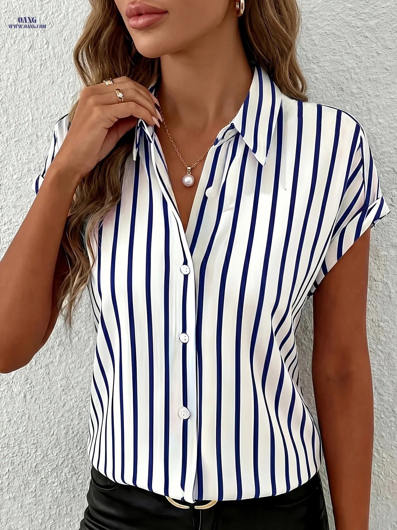 Elegant Striped Ladies' Single-Breasted Shirt | Button Front, Lapel Collar, Suitable For Spring/Summer/Fall   OAXG Blue / S