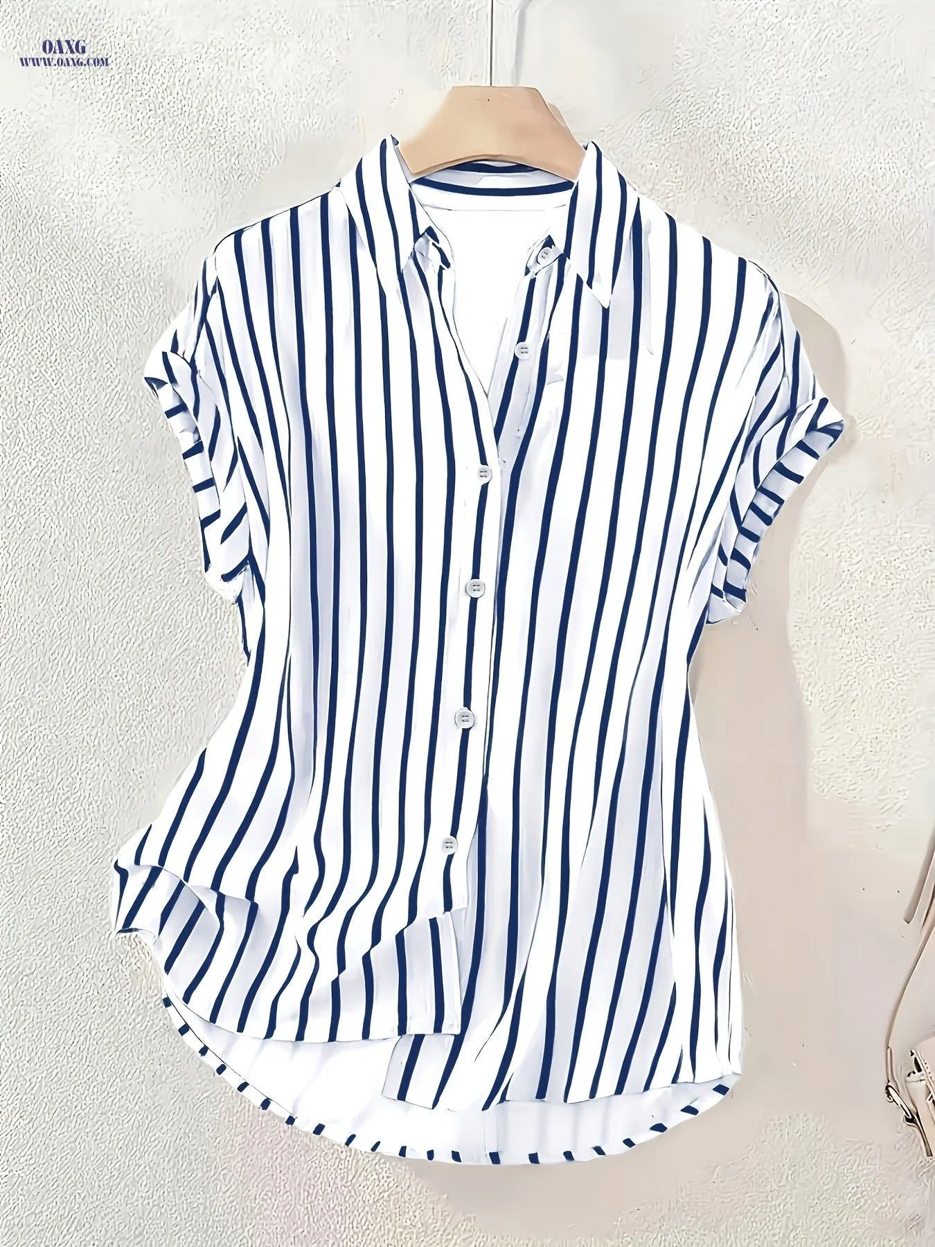 Elegant Striped Ladies' Single-Breasted Shirt | Button Front, Lapel Collar, Suitable For Spring/Summer/Fall   OAXG Blue / S