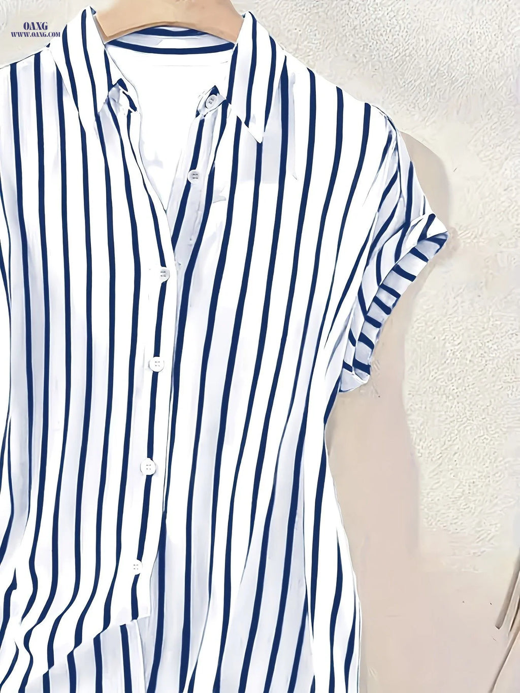 Elegant Striped Ladies' Single-Breasted Shirt | Button Front, Lapel Collar, Suitable For Spring/Summer/Fall   OAXG Blue / S