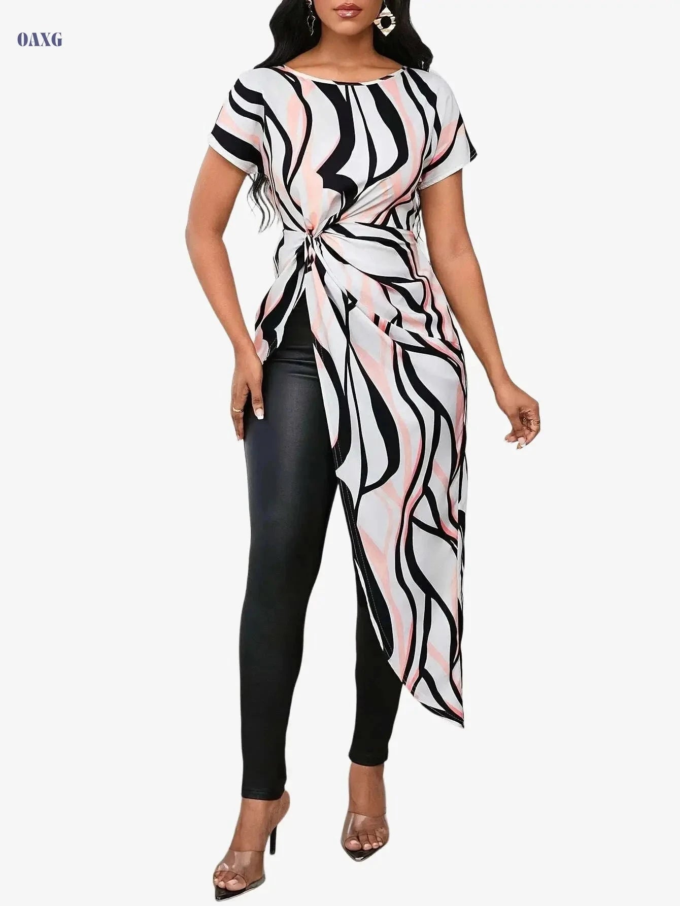 Elegant Striped Long Top for Women - Asymmetrical Hem Design   OAXG 