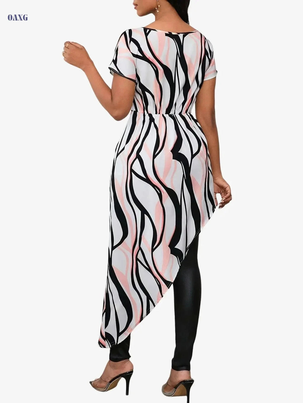 Elegant Striped Long Top for Women - Asymmetrical Hem Design   OAXG Mixed Color / S