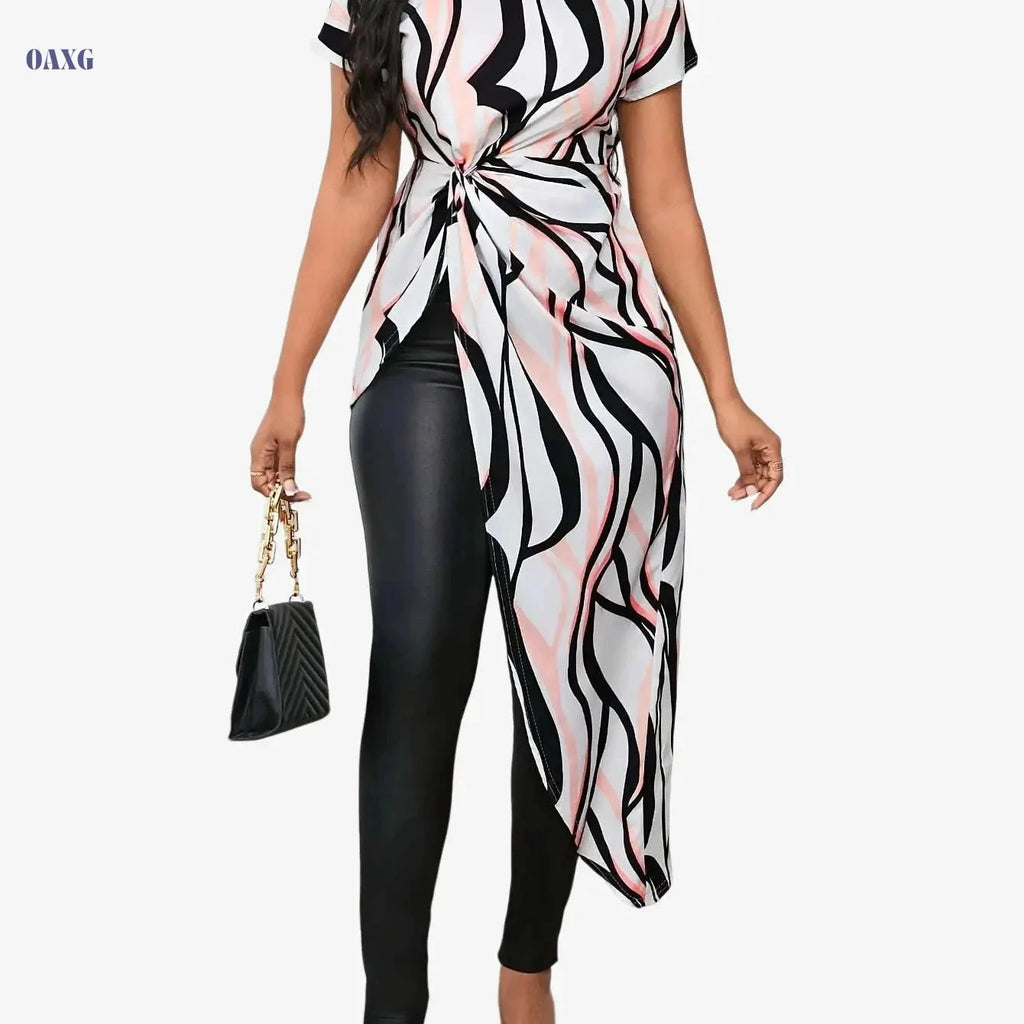 Elegant Striped Long Top for Women - Asymmetrical Hem Design   OAXG Mixed Color / S