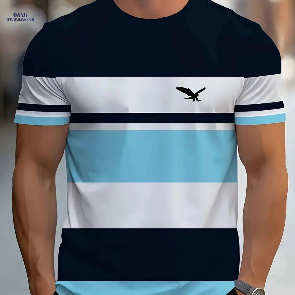 Elegant Striped Men's T-Shirt - Summer Casual, Comfortable Polyester   OAXG 
