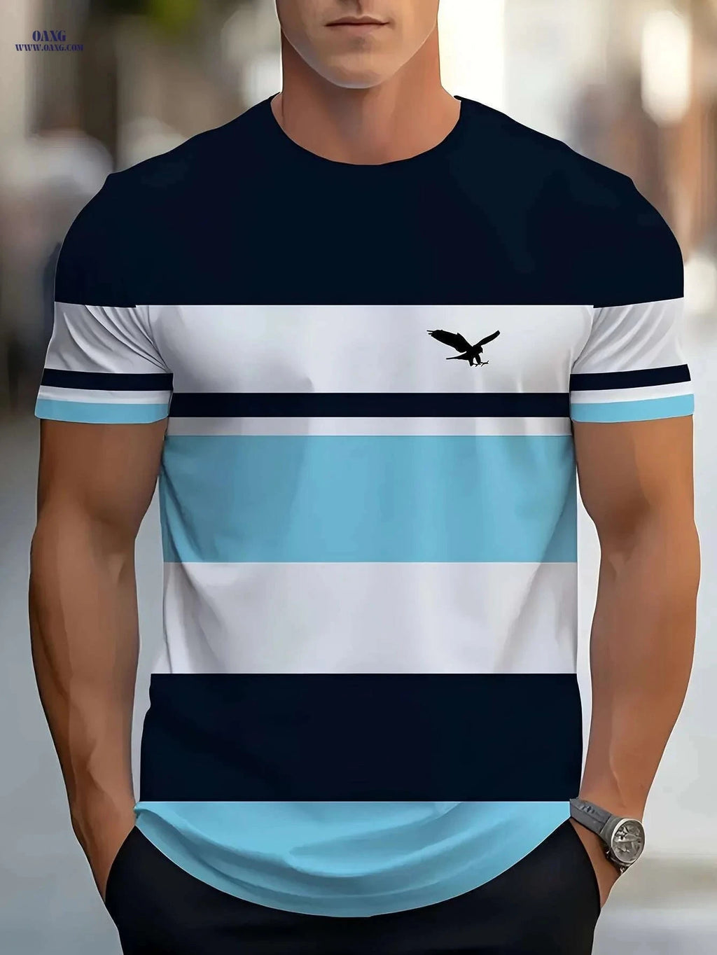 Elegant Striped Men's T-Shirt - Summer Casual, Comfortable Polyester   OAXG 